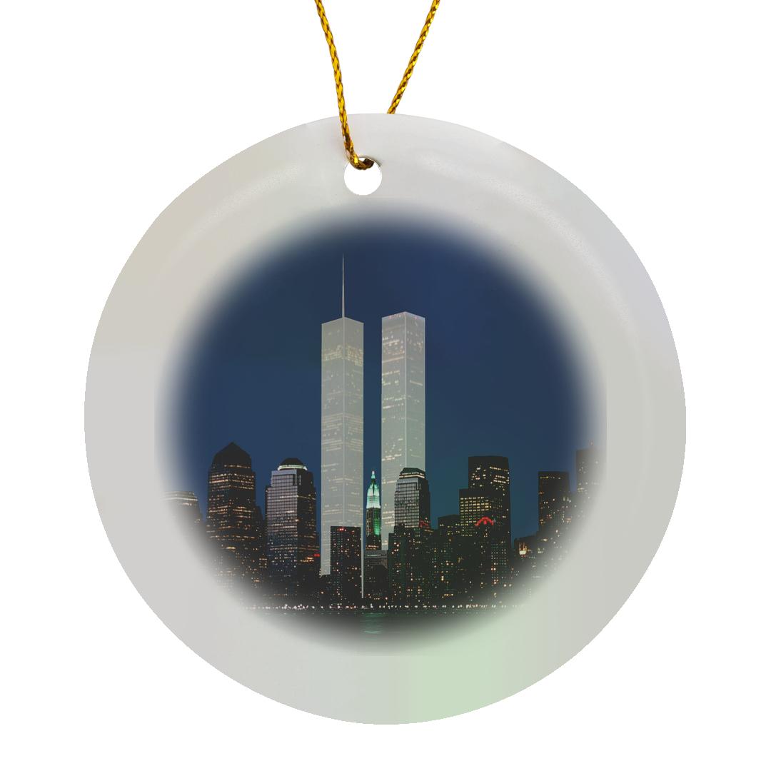3dRose, New York City evening skyline featuring the Twin Towers, Ornament