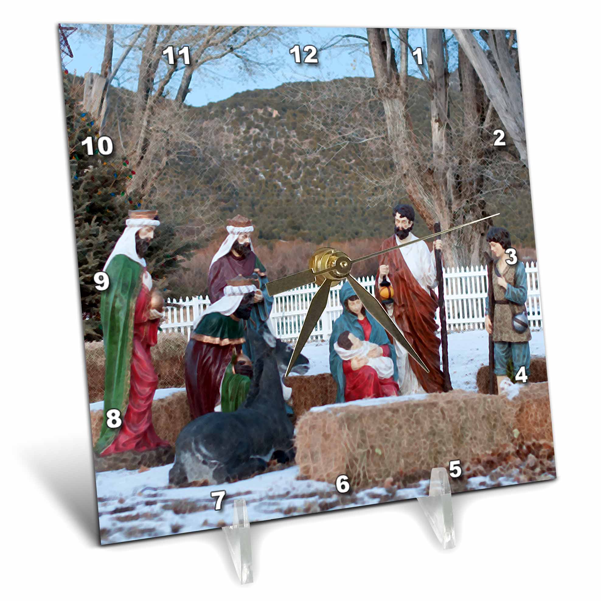 3dRose Jos Fauxtographee- Nativity - The Christmas Nativity Scene in Pine Valley in a Crosshatch Look - Desk Clocks (dc_320285)