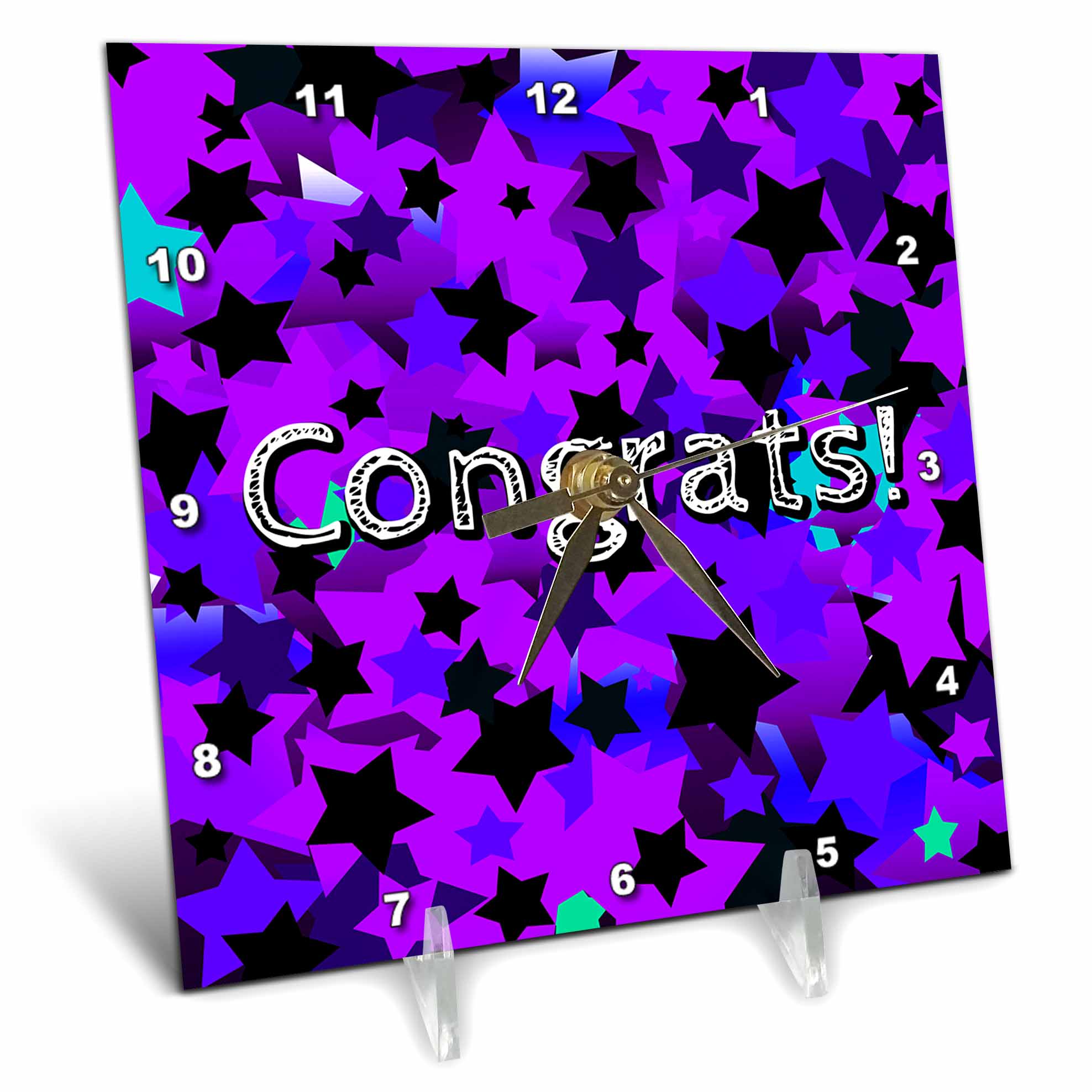 Desk Clock - A cool star pattern in black and purples with a Congrats greeting Holiday - Congrats Punk Stars