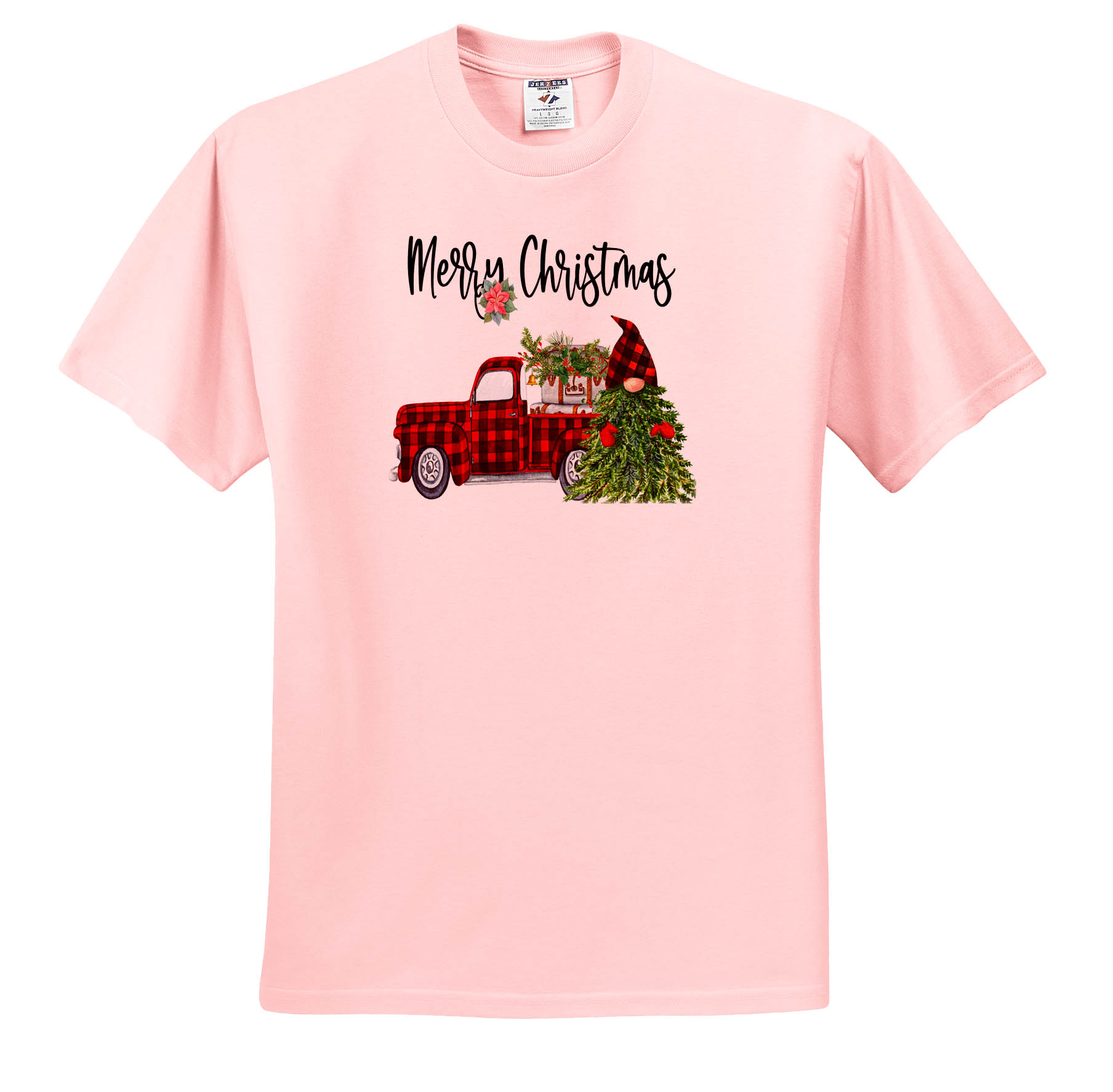 3dRose, Merry Christmas Red Plaid Truck and Christmas Tree Gnome, T-Shirt