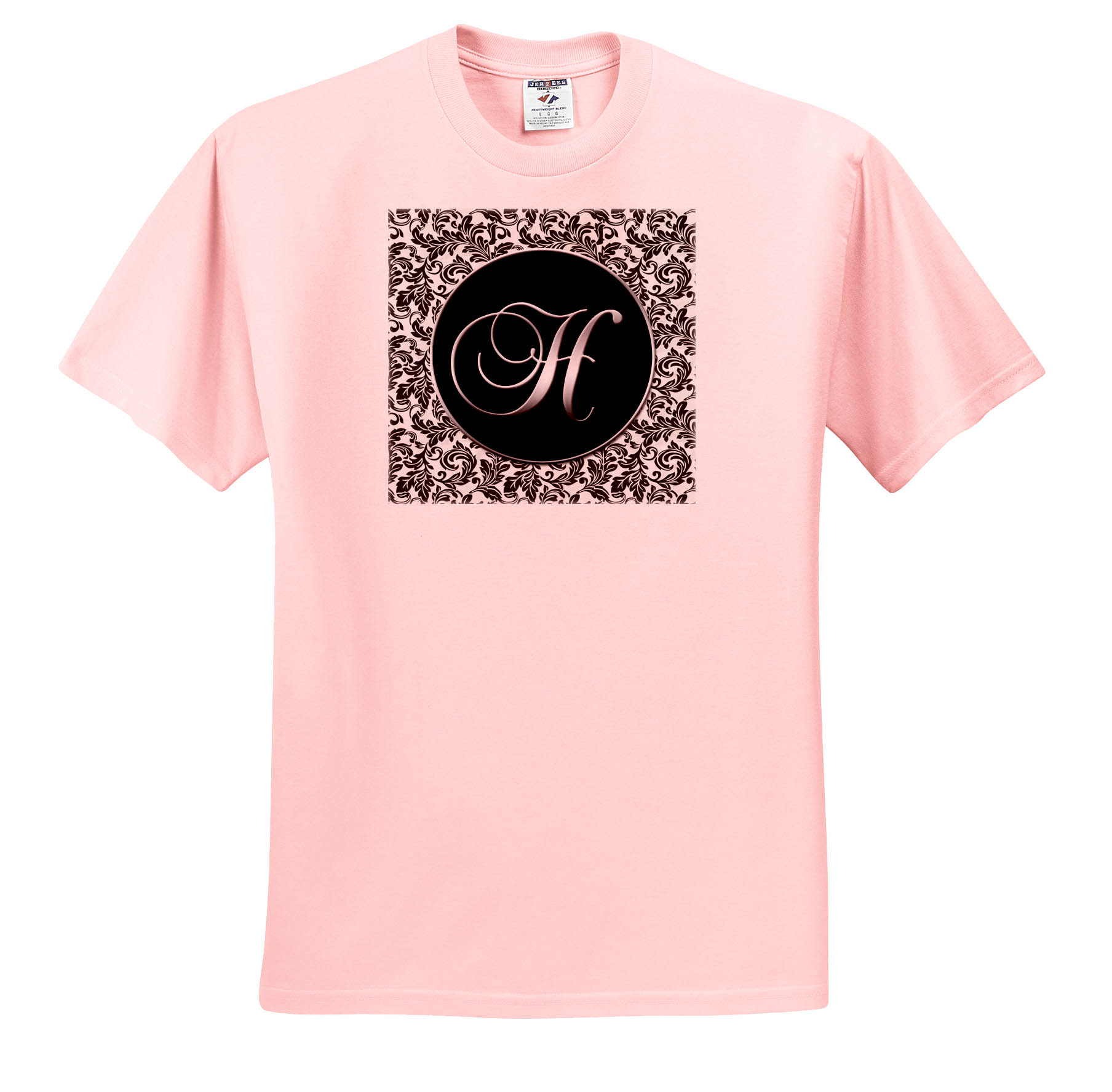 3dRose, Letter H - Black and White Damask, T-Shirt