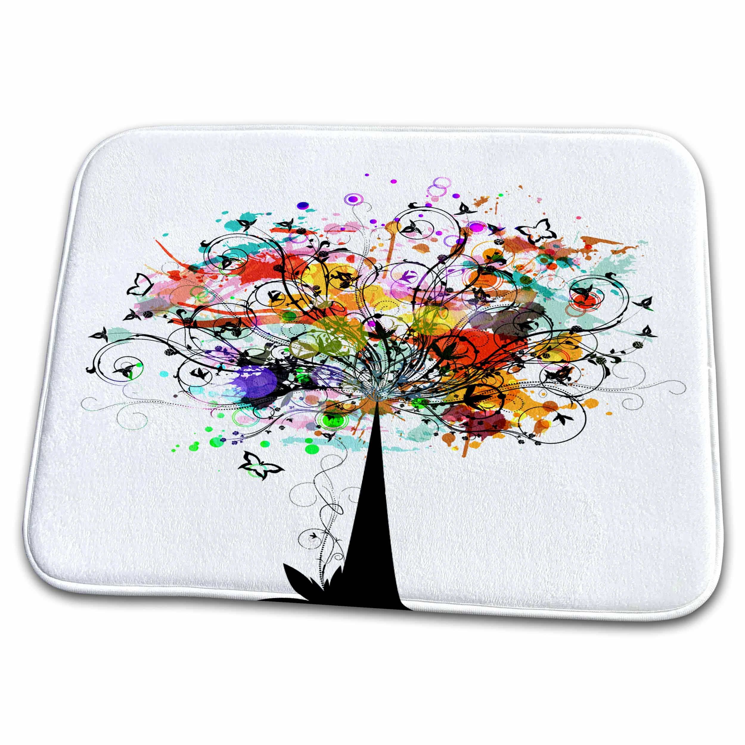 Dish Drying Mat - Pretty Abstract Colorful Butterfly and Faux Watercolor Summer Tree Nature Gift Nature And Floral Designs