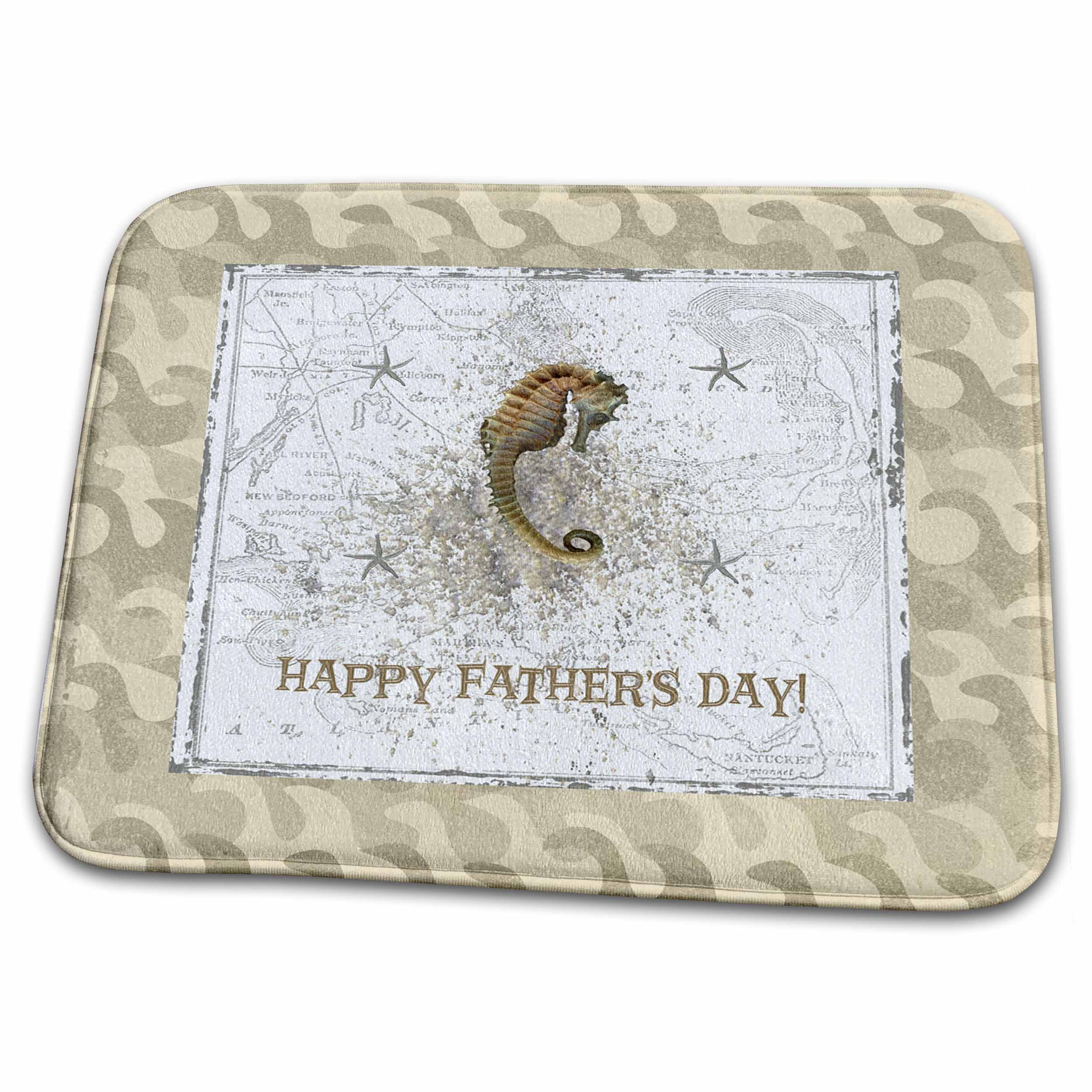 Dish Drying Mat - Beautiful Seahorse and Starfish on Old Map with Wave Frame Fathers Day Design and Photography