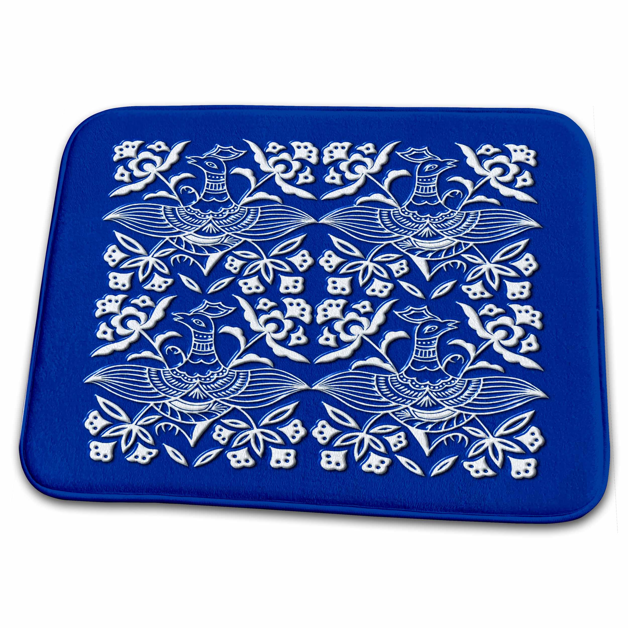 3dRose Four Birds with Flowers in Blue and White - Dish Drying Mats (ddm-239178)