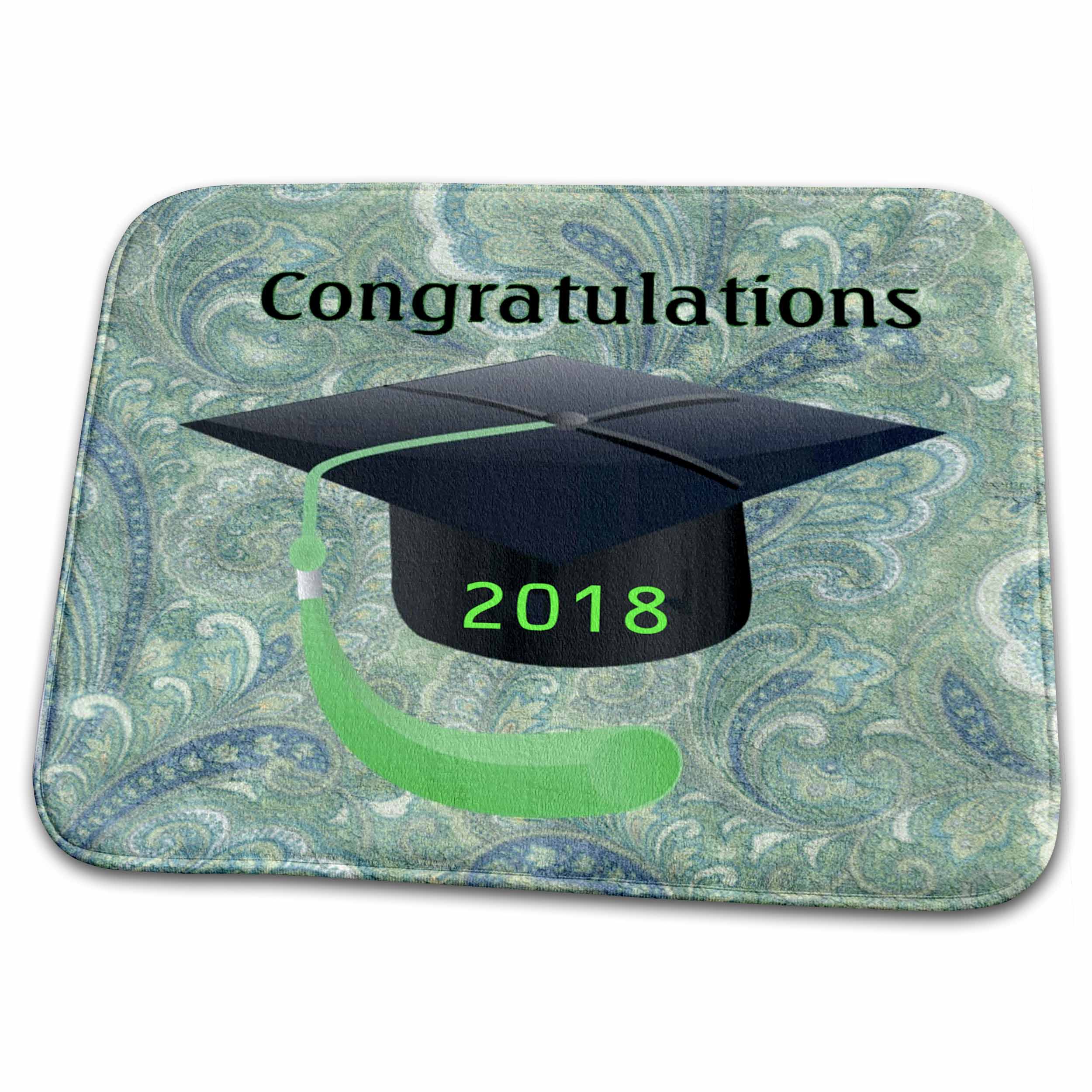 3dRose Image of Congratulations Black Cap Green Tassel On Damask - Dish Drying Mats (ddm-266446)