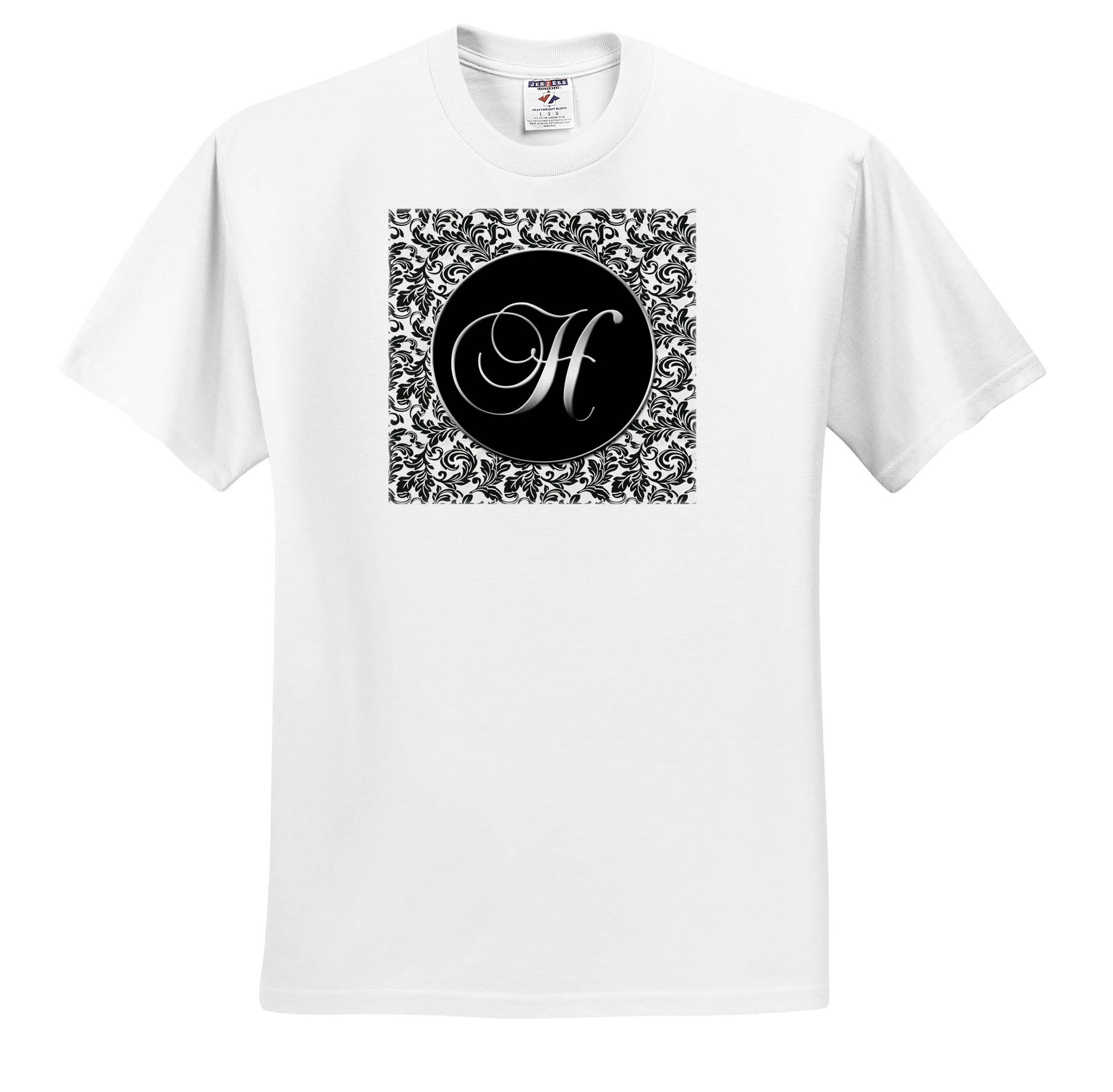 3dRose, Letter H - Black and White Damask, T-Shirt - Picture 3 of 73