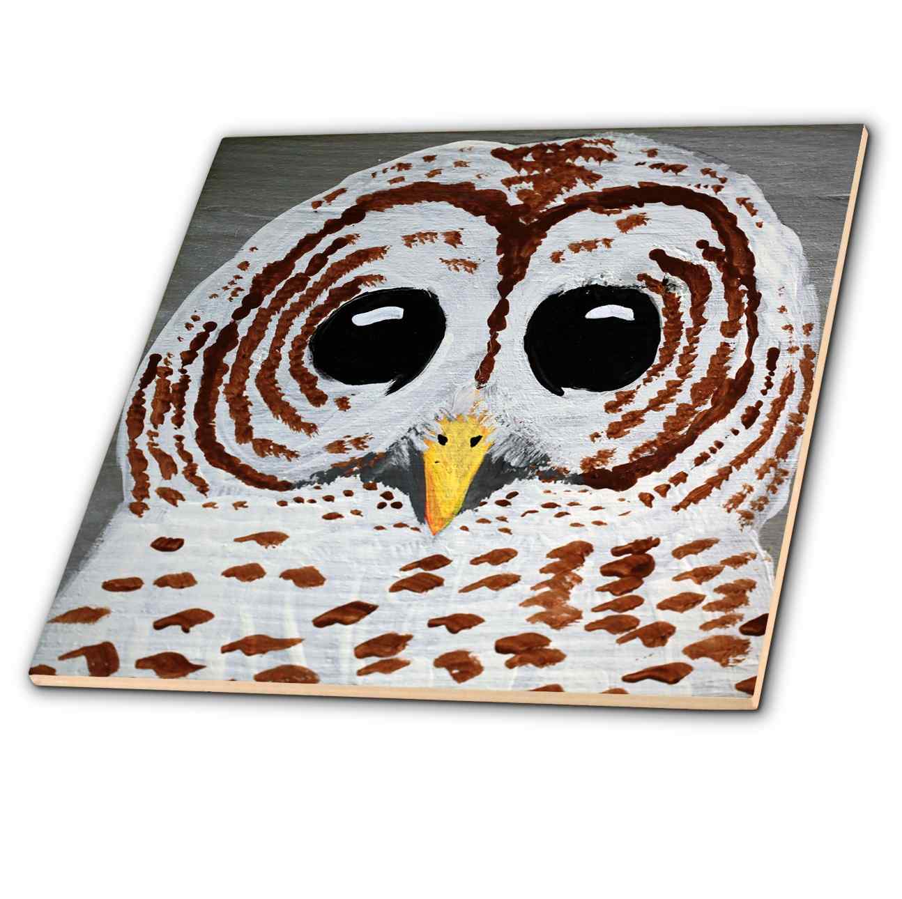 Acrylic painting of a barred owl with bold eyes on a wood panel. Tile and other Wholesale barred woods for your store trending on Faire.